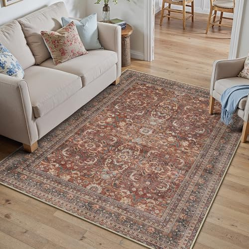 PureCozy Waschbarer Teppich Wohnzimmer 120x170cm Vintage Tepich | Kurzflor Rutschfest,Weich Boho Retro Carpet,Leicht,Schlafzimmer,Esszimmer,Kinderzimmer,Büro