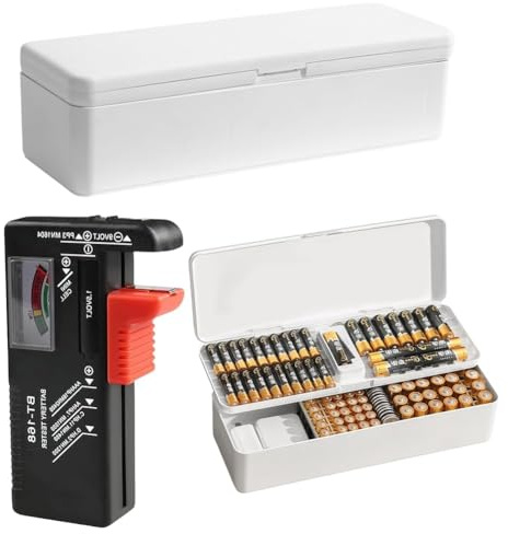 LOMUG Boîte de Rangement pour Piles avec Testeur - Peut Contenir 41 Piles AA, 55 Piles AAA et 19 Piles Bouton, Blanc (Piles Non Incluses)