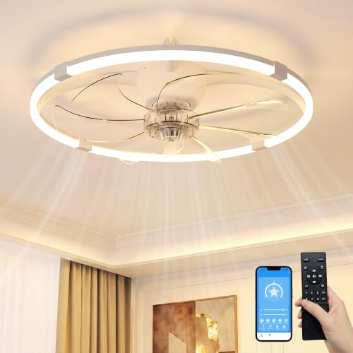SUNKENET 60cm Ceiling Fan with Light with Remote, White Ceiling Fan Light | 6 Speeds Fan Lights Ceiling for Bedroom,Quiet Light Fan Ceiling,3000K-6500K Dimmable Smart Modern LED Ceiling Fan with Lights