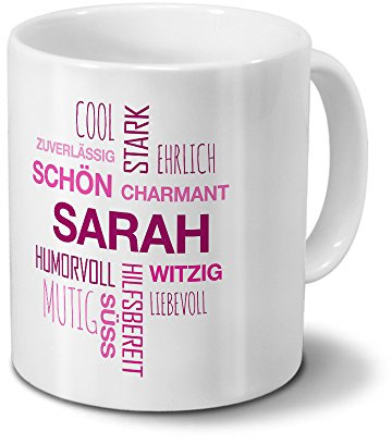 printplanet Tasse mit Namen Sarah Positive Eigenschaften Tagcloud - Pink - Namenstasse, Kaffeebecher, Mug, Becher, Kaffeetasse