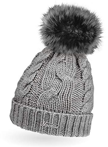 Neverless® gefütterte Damen Strickmütze mit Fell-Bommel und Fleece Futter, Winter-Mütze, Bommelmütze Hellgrau Unisize