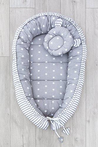 LOOLAY® 2seitig Kokon + Bärchen Nestchen Babynestchen Babykokon Kuschelbett Baby-Reisebett Babybett (Sternchen grau/Streifenmuster grau)