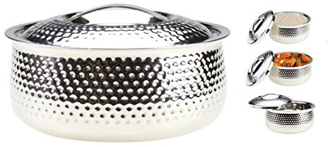 Stainless Steel Hot Pot Insulated Food Warmer Double Wall Round Casserole Hotpot Serving Dish Thermal Hammered Serving Bowl Rice, Soup Chappati Roti Meals (1000ml)