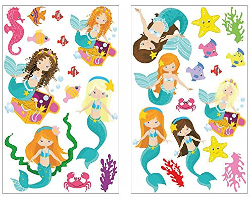 Samunshi® 28x Wandtattoo Meerjungfrau und Tiere Set Wandbilder Kinderzimmer Deko Junge Wandtattoo Kinderzimmer Mädchen Wandsticker 2x 16x26cm
