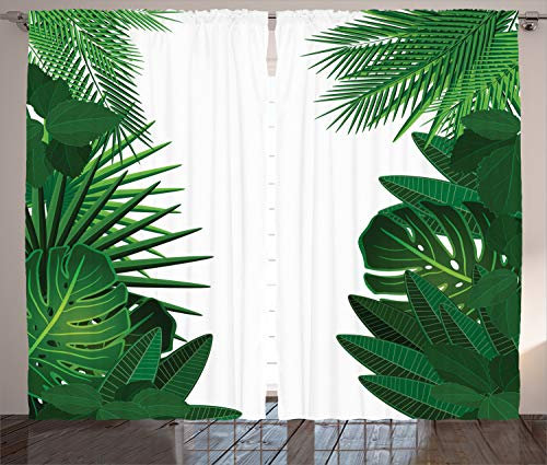 ABAKUHAUS hawaiisch Rustikaler Gardine, Tropical exotische Palmen, Schlafzimmer Kräuselband Vorhang mit Schlaufen und Haken, 280 x 260 cm, Grün Weiß