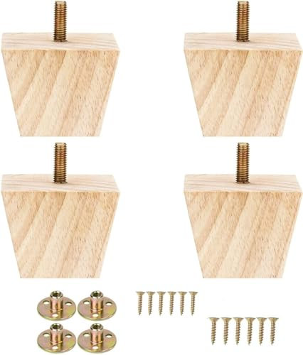 Metany Lot de 4 pieds de meubles carrés en bois de 5,1 cm avec boulon - Pieds de canapé de rechange pour banc de piano, table basse tournée (couleur bois brut)