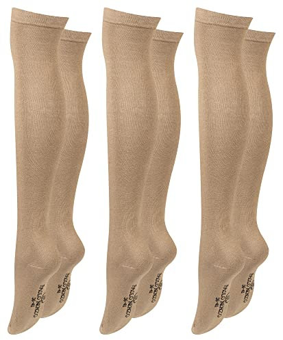 Paolo Renzo Damen Overknee aus Baumwolle mit Anti-Rutsch-Bund 3 Paar - Overknee Strümpfe - Überknie Kniestrümpfe Beinwärmer - Größe 36/41 - Beige