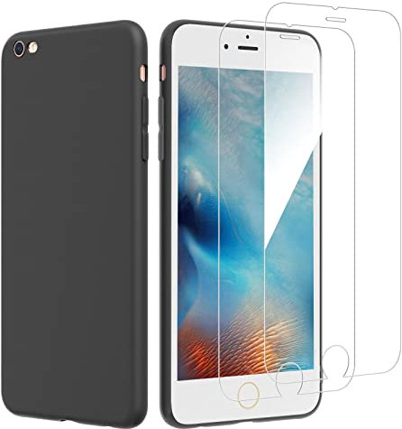NEW'C Cover per iPhone 6 Plus e iPhone 6s Plus (5.5) in silicone custodia ultra sottile nero e 2× vetro temperato per iPhone 6 Plus e iPhone 6s Plus (5.5 Pollici), pellicola protettiva per schermo