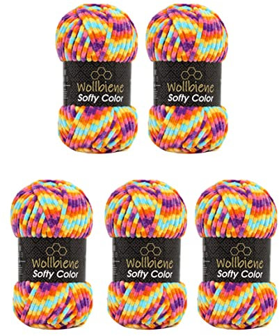 Wollbiene Softy Color 5 x 100 Gramm Chenillewolle Strickwolle, Babywolle, 500 Gramm Wolle Super Bulky (regenbogen 119)