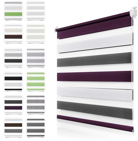 Doppelrollo Klemmfix ohne Bohren Weiß-anthrazit-lila B90 x H130cm(Stoffbreite 85cm) Rollos für Fenster ohne Bohren Klemmrollo Duo Rollo Zebrarollo Seitenzugrollo Fenster Rollos für innen Privatschutz