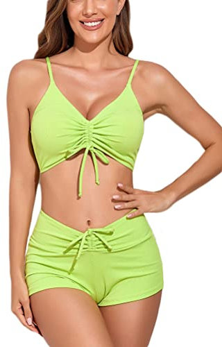 Minetom Damen Bikini Set Zweiteiliger Badeanzug Bademode Push Up Bikini und Hotpants Träger Oberteil Kordelzug Side Bikinihose Shorts B Grün XXL