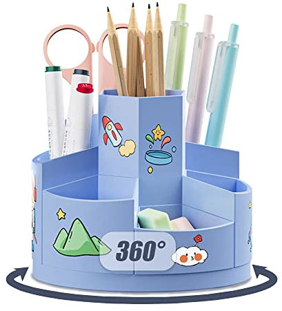 Kaizuca 360° Drehbar Kinder Kreativ Stifthalter, Drehbar Stiftköcher, Schreibtisch Organizer, mit 2 Stück Cartoon Aufkleber, mit 7 Fächer und Anti Rutsch Matten, für Büroaufbewahrung (Blau)