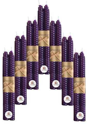 Lacaser Natural Beeswax Purple Taper Candles Bulk Set of 14 pcs, Unscented & Smokeless & Dripless Long Candlesticks 9 Inches Each, Gift Box Packed