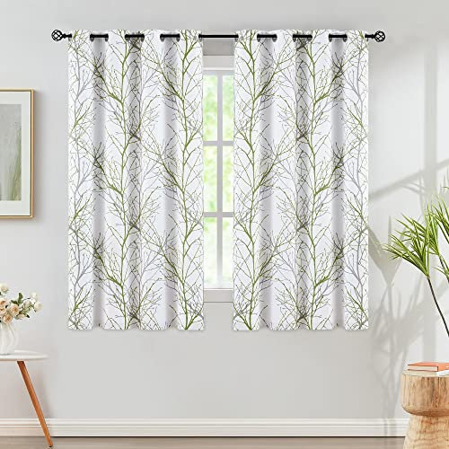 FMFUNCTEX Grün Grau Blickdichte Vorhänge für Wohnzimmer Verdunkelungsvorhänge Baum Zweig Muster Gardinen mit Ösen Ösenvorhang Thermovorhang für Schlafzimmer 2er Set, 175 x 129 cm (H x B)