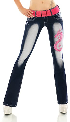 Pantalon en jean bootcut pour femme - Différentes broderies - Tatouage dragon - Bouquet - Avec ceinture - Tailles XS à XXL