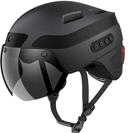 KRACESS KRS-S1 Black 2023 Bluetooth Smart Bicycle Helmet for Adults Men Women Universal Bicycle Helmet with Visor Sports Camera and Rear Light Bicycle Helmet Men