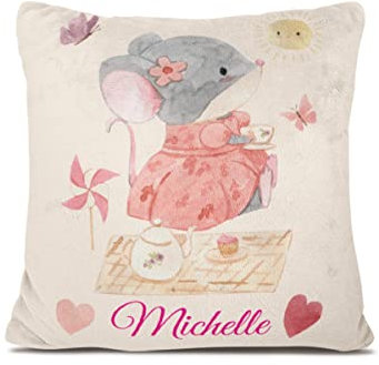 Personalisiertes Babykissen mit Tierdruck – weiches Fleecekissen mit Namen und Datum zur Taufe oder Geburt – Babygeschenk oder Geburtskissen - Kinder Kissenbezug - Kopfkissenbezug (Maus)