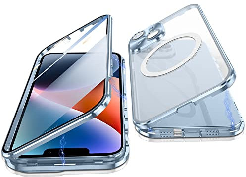 Jonwelsy Hülle für iPhone 14 Plus, 360 Grad Beidseitig Schutz Kompatibel mit Magsafe Magnetische Adsorption Metallrahmen Case Vorne Glas Hinten Frosted PC Cover Handyhülle für 14 Plus 6,7 (Blau)