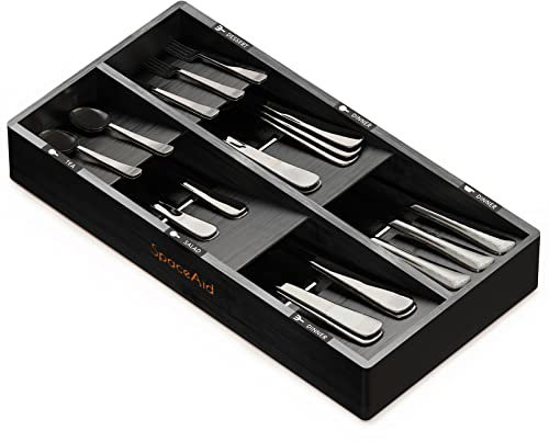 SpaceAid Bamboo Silverware Drawer Organizer with Labels, Kitchen Utensil Tray Holder Organizer for Flatware, Cutlery, Spoon and Knives Drawer Storage Organization (Black, 6 Slots)