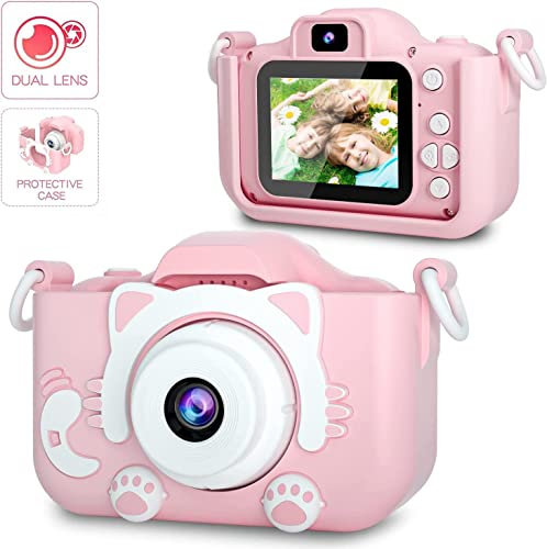 ZHUTA Kinderkamera,Cartoon Kinder Digitalkamera mit Silikonhülle,20-Megapixel-Doppelobjektiv,1080P HD 2,0 Zoll Bildschirm Kinder Digitalkamera,Spielzeug für Jungen Mädchen Spielzeugkamera,pink