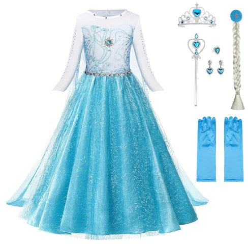 URAQT Kostüm Kinder Mädchen, 6-teiliges Set Kinder Prinzessin Kleid mit Krone Diadem Handschuhe Zauberstab usw für Weihnachten Karneval Halloween Rollenspiel(150)