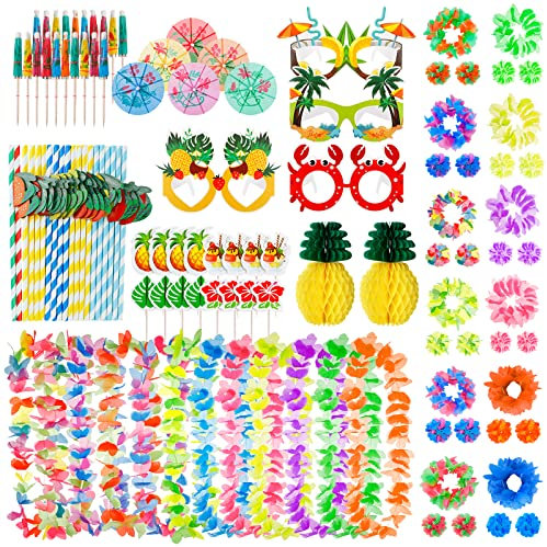 Wothfav 12 STK. Hawaii Kette Blumen am Stirn, 12 Halsgirlanden 24 Armbänder Accessoires im Stil tropischer Früchte für hawaiianische Strandpartys Geburtstagsfeiern im Sommer