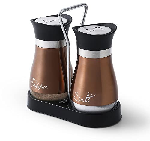 Salt and Pepper Shakers Set, Stainless Steel with Glass Bottle for Table, RV, Camp, BBQ, Set of 2, Copper