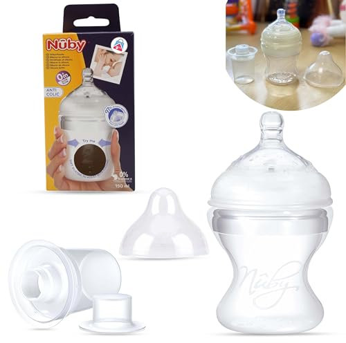 HOVUK Silikon-Babyflasche 150 ml, 1x transparente Babymilchflasche mit Spender, brustförmiger Sauger BPA-frei, Neugeborenen-Grundausstattung 0–6 Monate