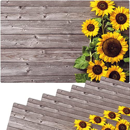 Tischsets 8er als abwaschbare Sommer Tischdeko - Platzsets Sonnenblumen Blumen Holzoptik als Tischuntersetzer - Platzdeckchen als Tischunterlage für Esstisch Wohnzimmer Tisch