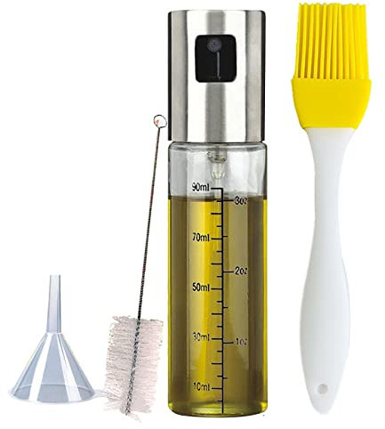 xutong Ölsprüher zum Kochen, 100ml Sprühflasche mit Skala, Edelstahl und Glas Öl Sprühflasche, Ölspray für Heißluftfritteuse, Küchen Gadget, Olivenölsprüher für Grillen Braten BBQ
