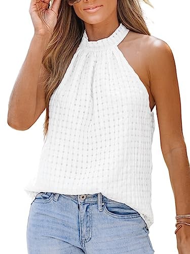 CUPSHE Damen Tank Top Texturiert Ärmellos Neckholder Top Stehkragen Schulterfreies Shirt Freizeit Business Sommer Elegant Tunika Bluse Oberteil Weiß M