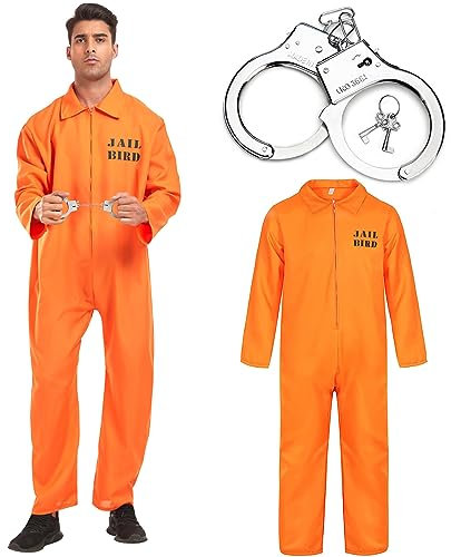 Prisoner Costume Men Adult with Handcuffs Orange Jumpsuit Prison Prisoner Outfit Fancy Dress Overalls Jail Criminal Inmate Convict Costume Men Orange Boiler Suits for Halloween Cosplay Dress Up (L)