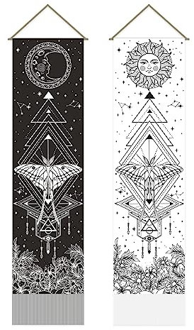 AHANDMAKER Wandteppich, Sonne und Mond, Schwarze und weiße Insekten, Psychedelischer Wandteppich, Wandbehang, mystische gotische Wanddekoration für Wohnzimmer und Schlafzimmer (130 x 33 cm), 2 Stück.