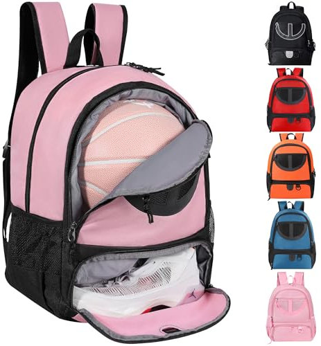 Basketballtasche für Damen, mit Ball- und Schuhfach, 30 l Fassungsvermögen, leicht, atmungsaktiv, für Mädchen, Fußball, Volleyball, Sport, Reisen, Schule, Fitnessstudio, Schwarz/Rosa