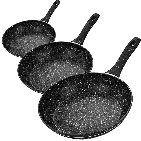 Royalford 3-Piece Frying Pan Set – 22cm, 24cm, 28cm Granite Coated Non-Stick Skillets, Forged Aluminium Cookware, Induction Hob Compatible Omelette & Sauté Pans
