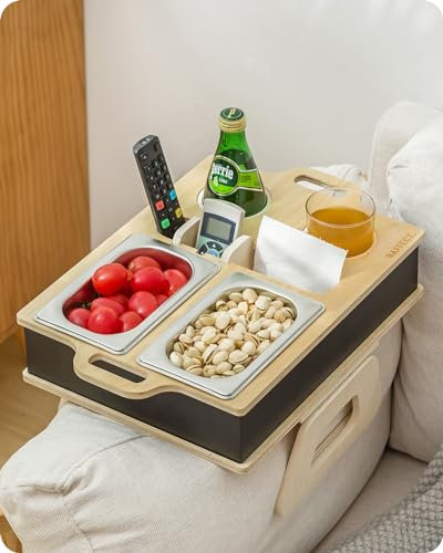 Baffect Sofatablett, Ansteckbare Couchbar Personalisiert mit 2 Schalen aus Rostfreiem Stahl, Tragbare Snackbar aus Holz mit Getränkehaltern für Couches (Holz & Schwarz Combo)