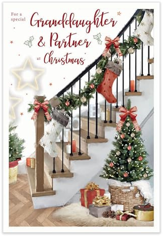ICG Tarjeta de Navidad especial para nieta y pareja, Tarjeta Felicitacion – Árbol de Navidad y escalera en relieve con detalles de papel de aluminio y flitter