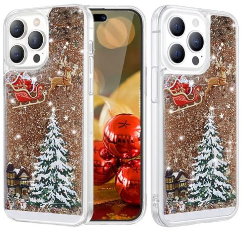 Changjia Glitter Christmas Case for iPhone 13 Pro Max, Cute Christmas Tree Santa Elk Liquid Flowing Floating Moving Bling Sparkle Clear Shockproof Women Girls Case for iPhone 13 Pro Max 6.7 (Gold)