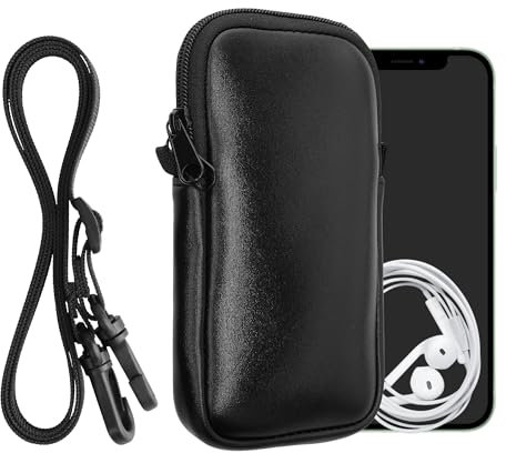 kwmobile Handytasche für Smartphones XXL - 7 - Neopren Handy Hülle Metallic Schwarz mit Kordel - Handy Tasche mit Handykette 17,7 x 8,5 cm Innenmaße