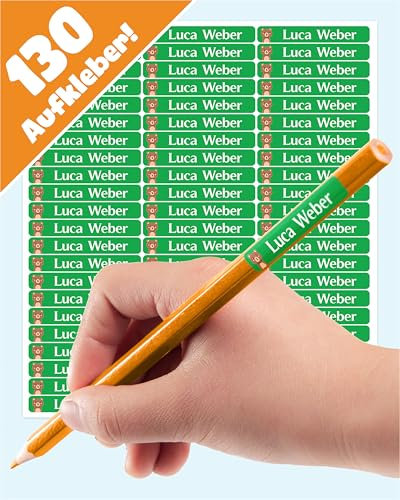 LabelTiger® Personalisierte Namensaufkleber für Kinder in der Schule - 130 Stück, Ideale Aufkleber für Stifte & Schulsachen, Selbstklebend & Wasserfest - Grün