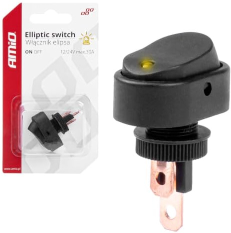 AMiO Interrupteur Elliptique Lumineux Jaune 12V 24V 30A on/Off – Interrupteur Universel pour Voiture, Camping-Car, Bateau et Utilitaire
