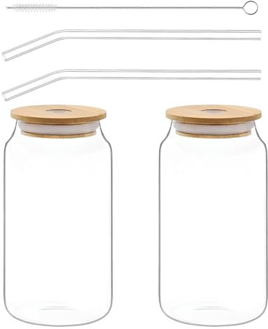 2 Piezas Tazas de Café Helado, Reutilizable Vaso de Vidrio, Vasos con Tapa y Pajita, Vasos Cerveza en Forma de Lata, Vaso de Cerveza con Tapas y Pajita, para Cóctel Bebidas, Batidos, Jugos, Cerveza