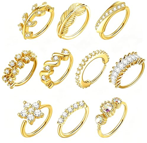 6ixGosh Dangle Nose Rings Hoop for Women Septum Nose Piercing Jewelry Cartilage Earring CZ Flower Leaf Star Butterfly Daith Tragus Helix Lip Piercing, Silver Gold Rose Gold