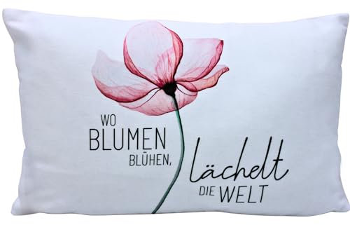Dekohelden24 Zierkissen - Kuschel Kissen mit Blüte/Dekokissen - Kopfkissen - Wo Blumen blühen, lächelt die Welt - L/B/H ca. 40 x 13 x 23 cm, 100% Baumwolle.