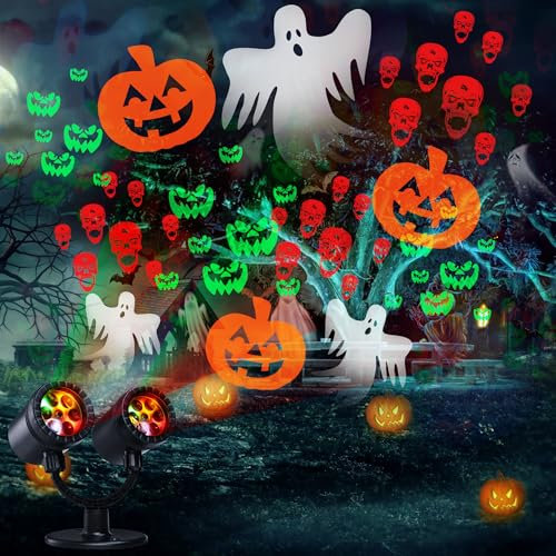 Moxled Halloween Deko Outdoor, Doppelter Kopf Dynamische Halloween Projektor mit Timer, Wasserdicht Geist Skelett Teufel Kürbis Halloween Deko Lichter für Garten Fenster Wand Hof Party