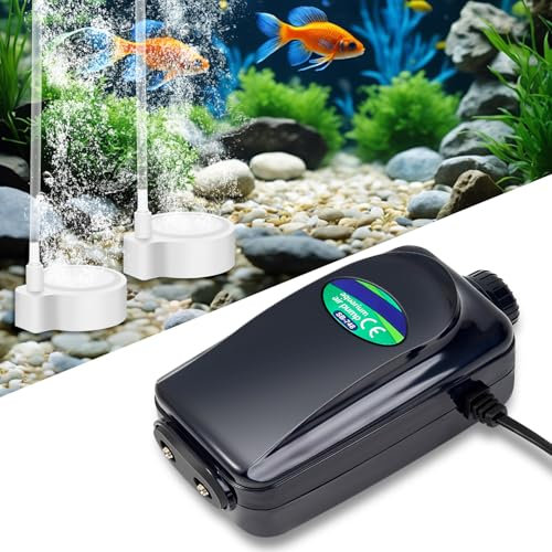 Zingbabu Pompe à air d'aquarium à double sortie, 8 W silencieuse, aérateur d'oxygène avec pierre à air, tube de ligne d'air et clapet anti-retour, aérateur réglable pour aquarium