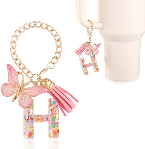 lasuroa Letter Charms Cup Accessories, Cute Alphabet Tumbler Decoration Mug Handle Charms Decor Chains with Butterfly for Stanley Tumblers Women Girls Gift (H)
