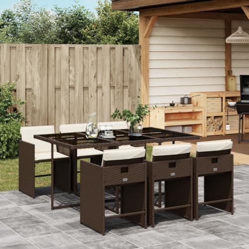 Tidyard Gartenmöbel Set 7-TLG.Garten Essgruppe mit Kissen Sitzgruppe Terrassenmöbel 6 Personen,Tisch Mit Tischplatte aus Hartglas & 6 Stühle Balkonmöbel Set,Gartengarnitur Möbelsets,Braun PE-Rattan