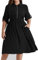 Hanna Nikole Women's Plus Size V-Neck Lapel A Line Dresses with Pockets - Adjustable Zipper 3/4 Summer Midi Dresses Elastic Waist - Black 28