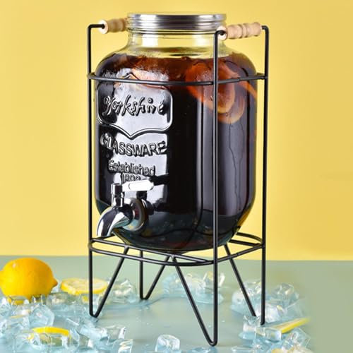 Glass Drinks Dispenser with Stand - 4L Glass Drink Container with Tap | Vintage Glass Water Dispenser for Juices, Cocktails, Lemonade & Water | Cold Kettle Drinking Fountain